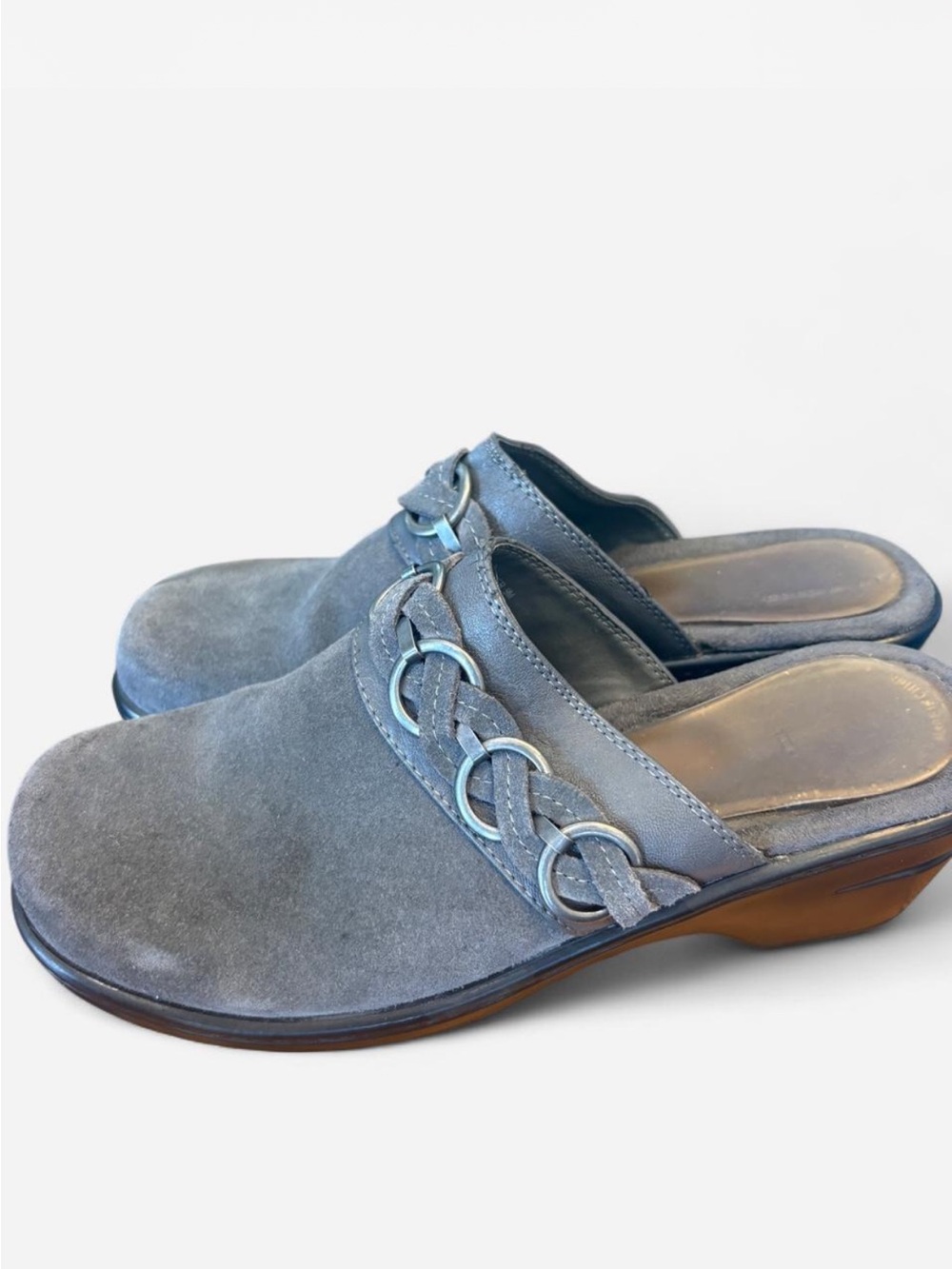 Women's Grey Suede Leather Slip-On Mules with Chain-Link Detail